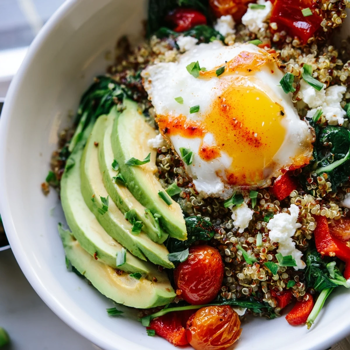 Colorful savory quinoa breakfast bowl served in a rustic dish with sautéed spinach and tomatoes