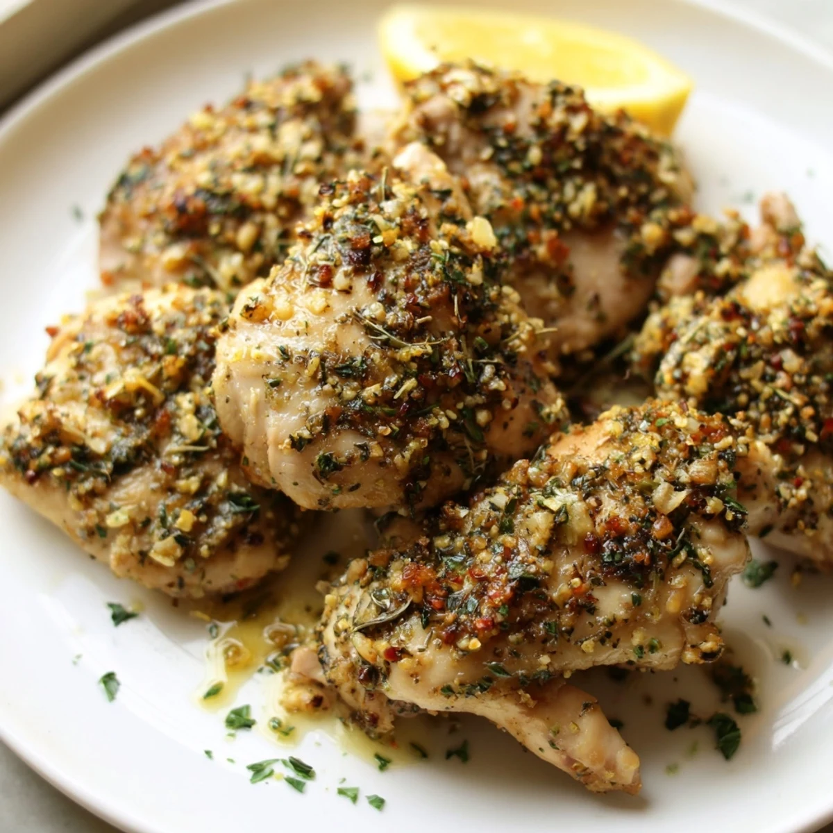 Golden Savory Garlic Herb Chicken fresh from the oven with crispy herb edges