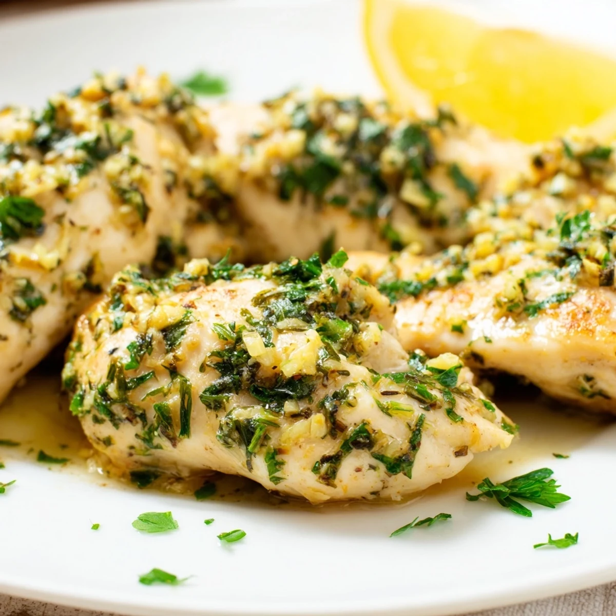 Juicy Savory Garlic Herb Chicken sliced open showing tender meat and aromatic herbs