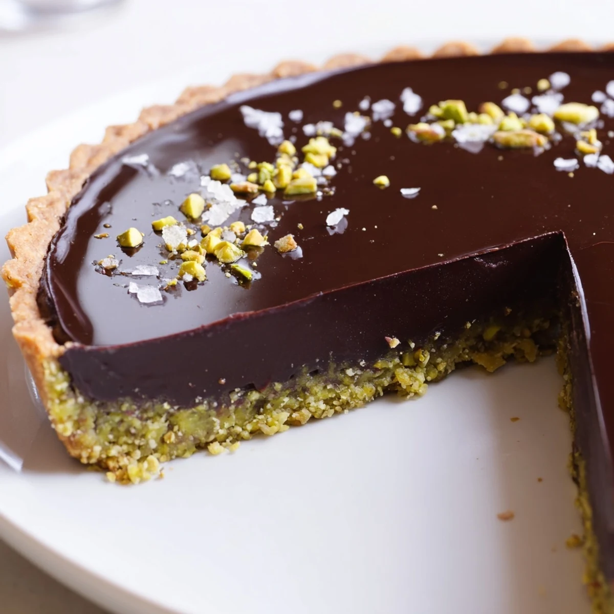 Silky dark chocolate pistachio tart gleaming under soft kitchen light on a ceramic plate