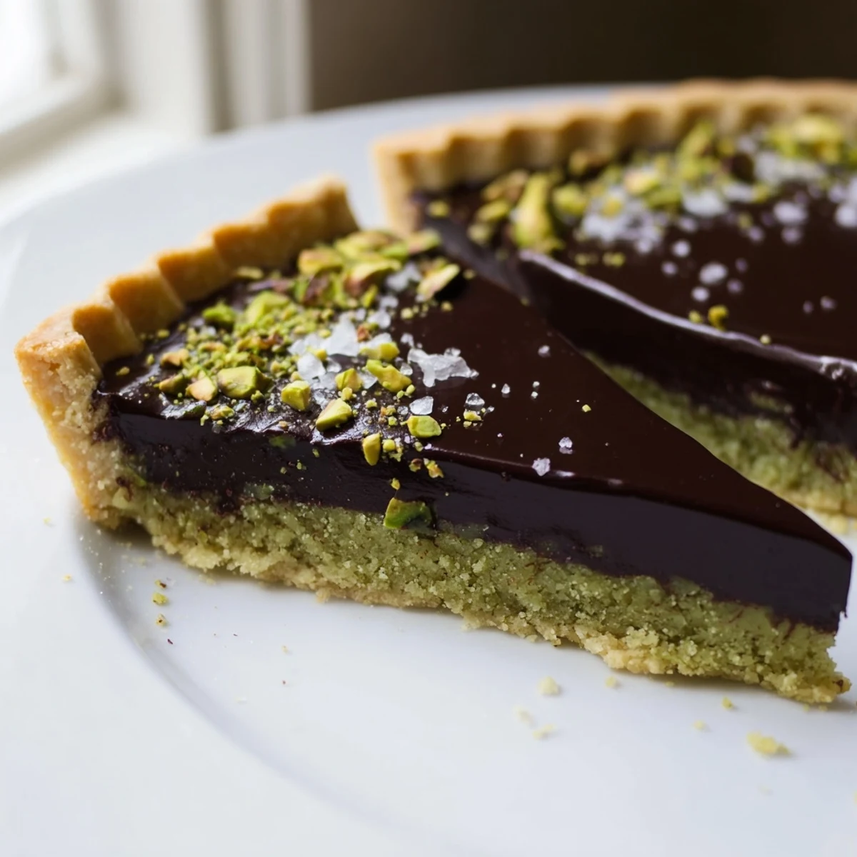 Dark chocolate pistachio tart topped with crushed nuts and flaky sea salt
