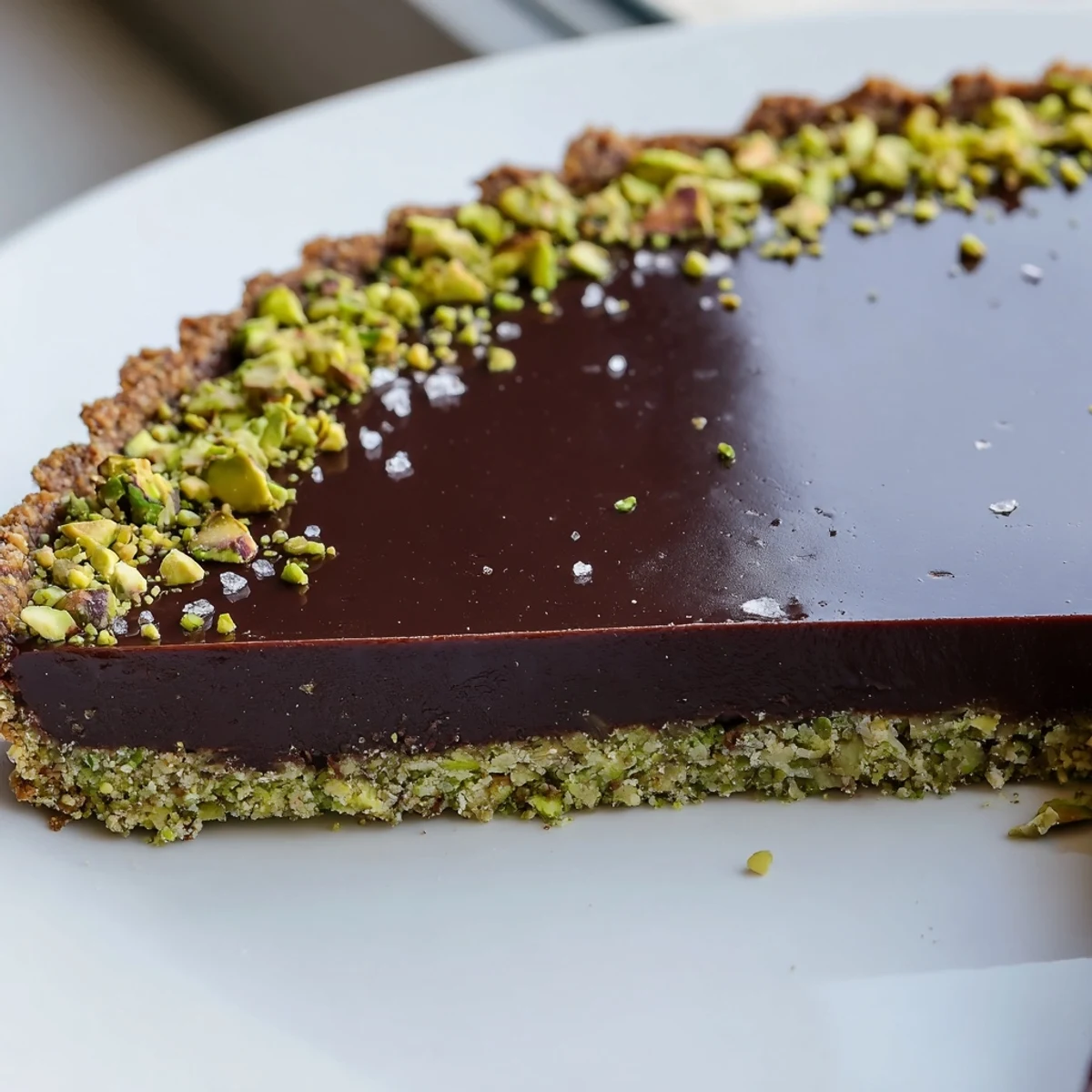 Velvety dark chocolate pistachio tart sliced into wedges beside fresh raspberries and whipped cream
