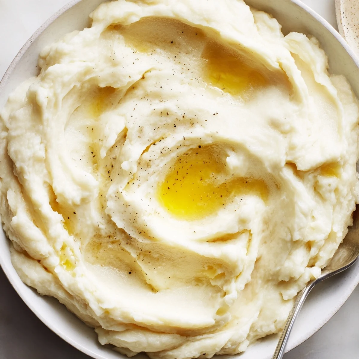 Velvety Mashed Potatoes served steaming in a bowl with melted butter pooling on top
