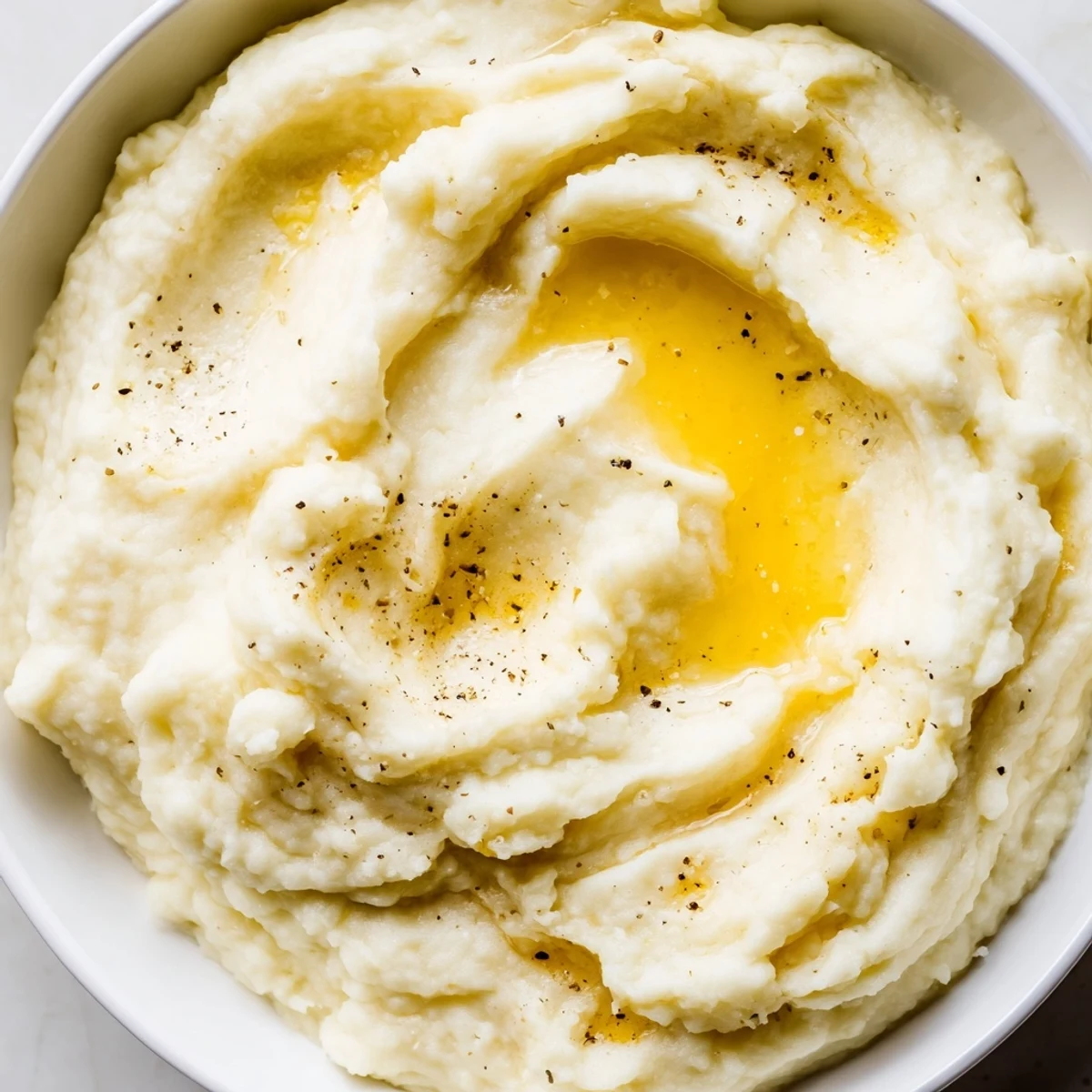 Creamy Velvety Mashed Potatoes piled high on a plate beside roasted meat and gravy