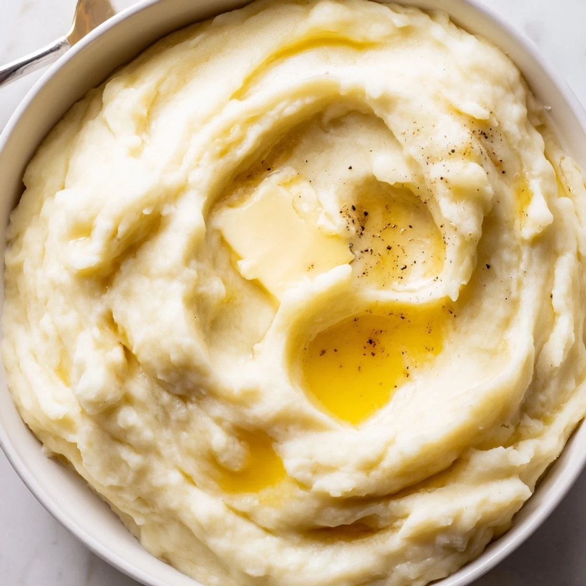 A close-up of silky Velvety Mashed Potatoes garnished with cracked black pepper and fresh chives