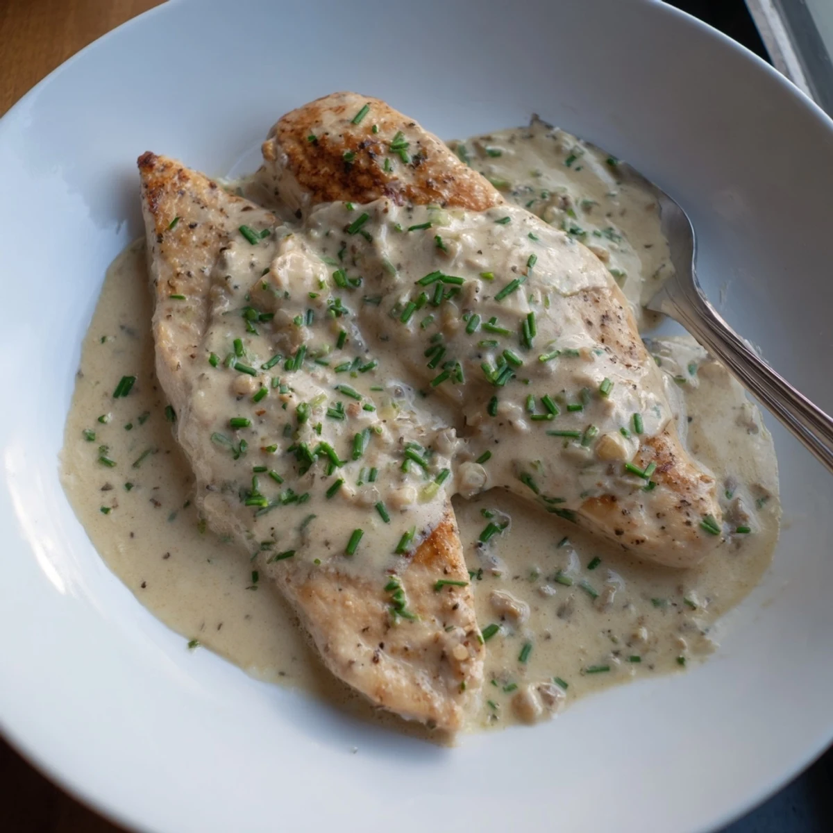 Cream cheese chicken nestled in a velvety herb-flecked sauce on a warm plate