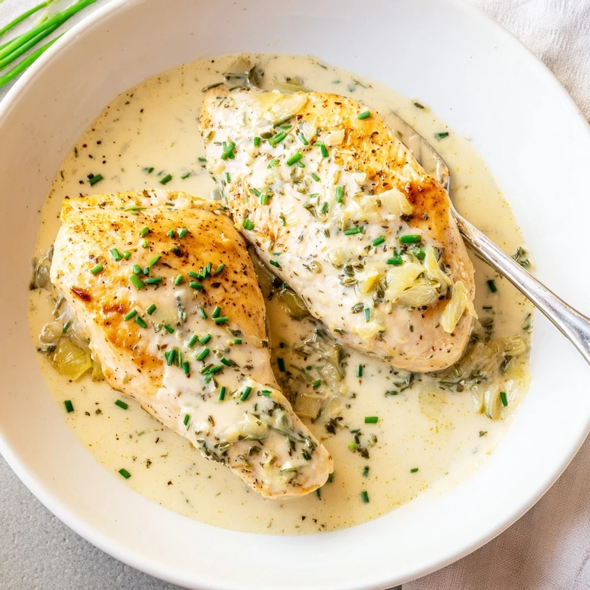 Golden seared cream cheese chicken draped in a rich garlic Parmesan sauce