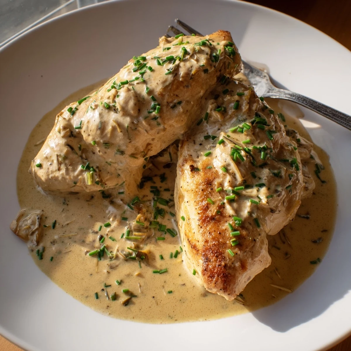 Cream cheese chicken breasts coated in bubbling cream sauce with fresh chopped chives