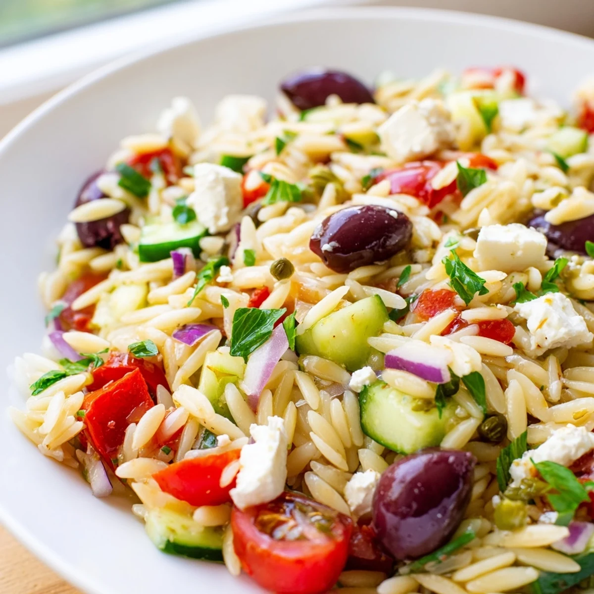 Colorful Mediterranean orzo pasta salad in a bowl with tomatoes, olives, and feta