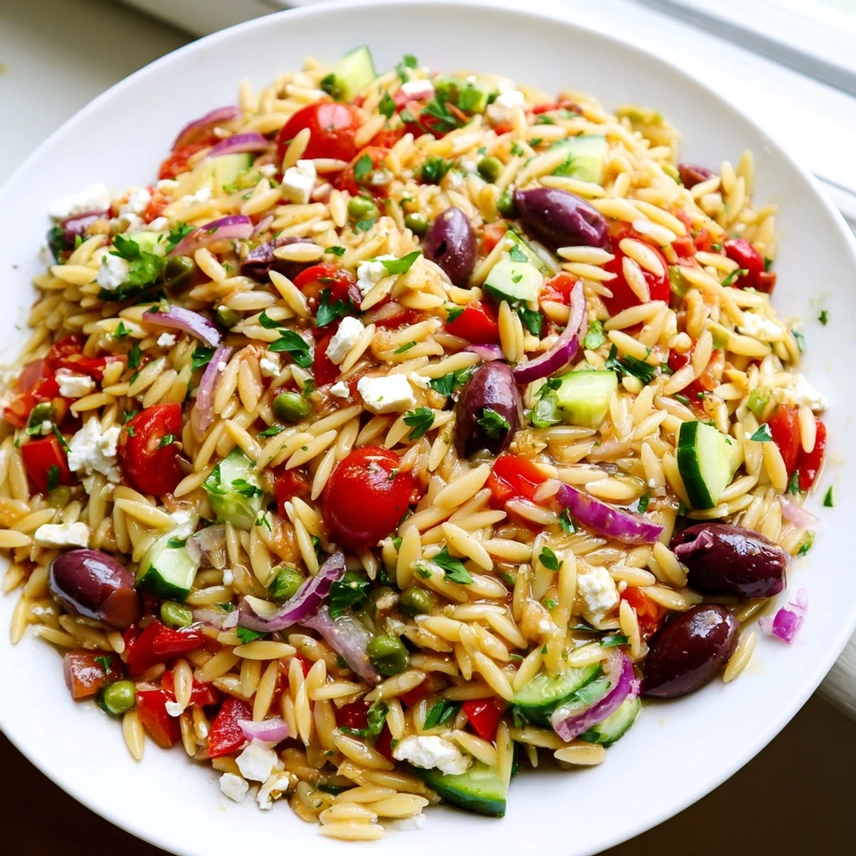 Vibrant Mediterranean orzo pasta salad served on a plate with a tangy dressing