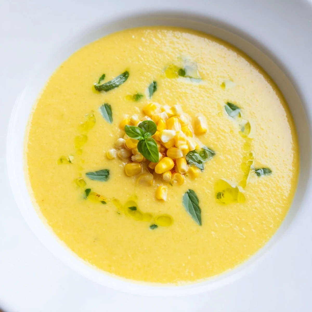 A bright yellow bowl of Summer Sweet Corn Gazpacho topped with fresh basil and golden corn kernels