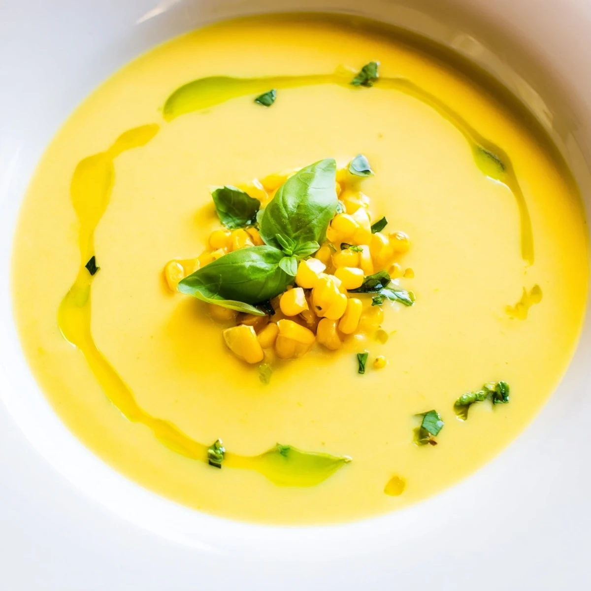 Creamy Summer Sweet Corn Gazpacho drizzled with olive oil and served in a rustic ceramic bowl