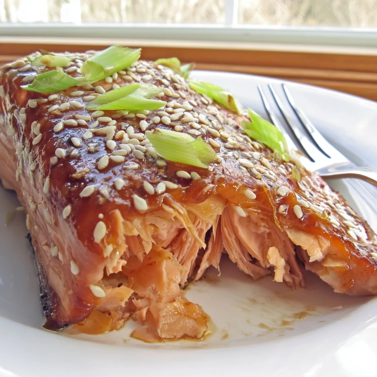 Golden baked Asian salmon garnished with green onions on a white dinner plate