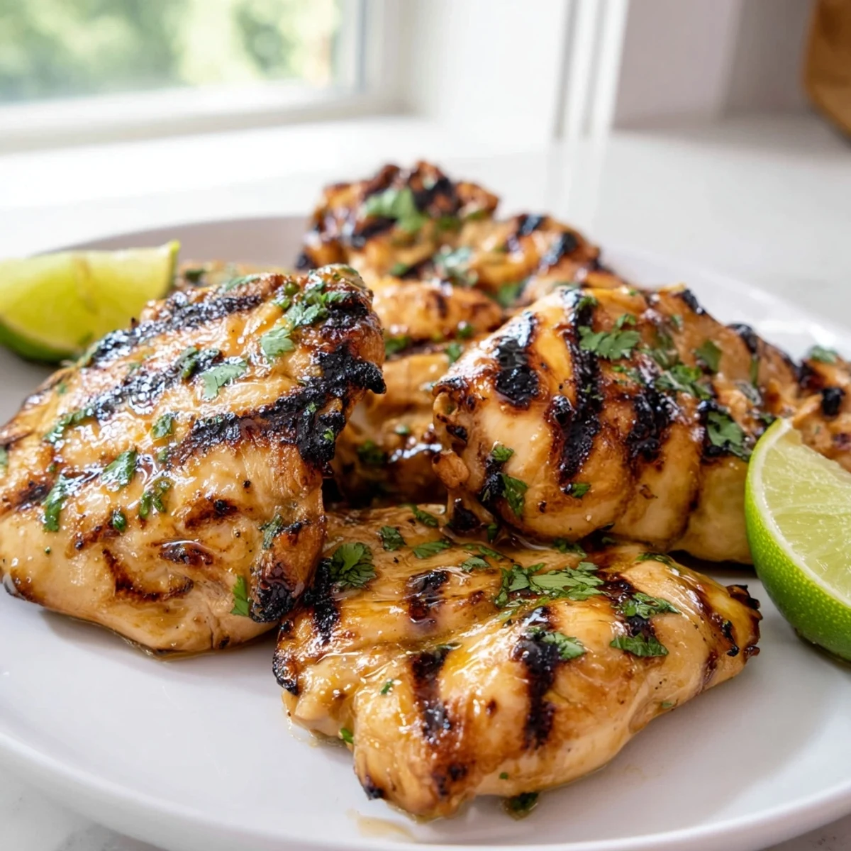 Golden honey lime chicken with grill marks topped with fresh cilantro and lime wedges