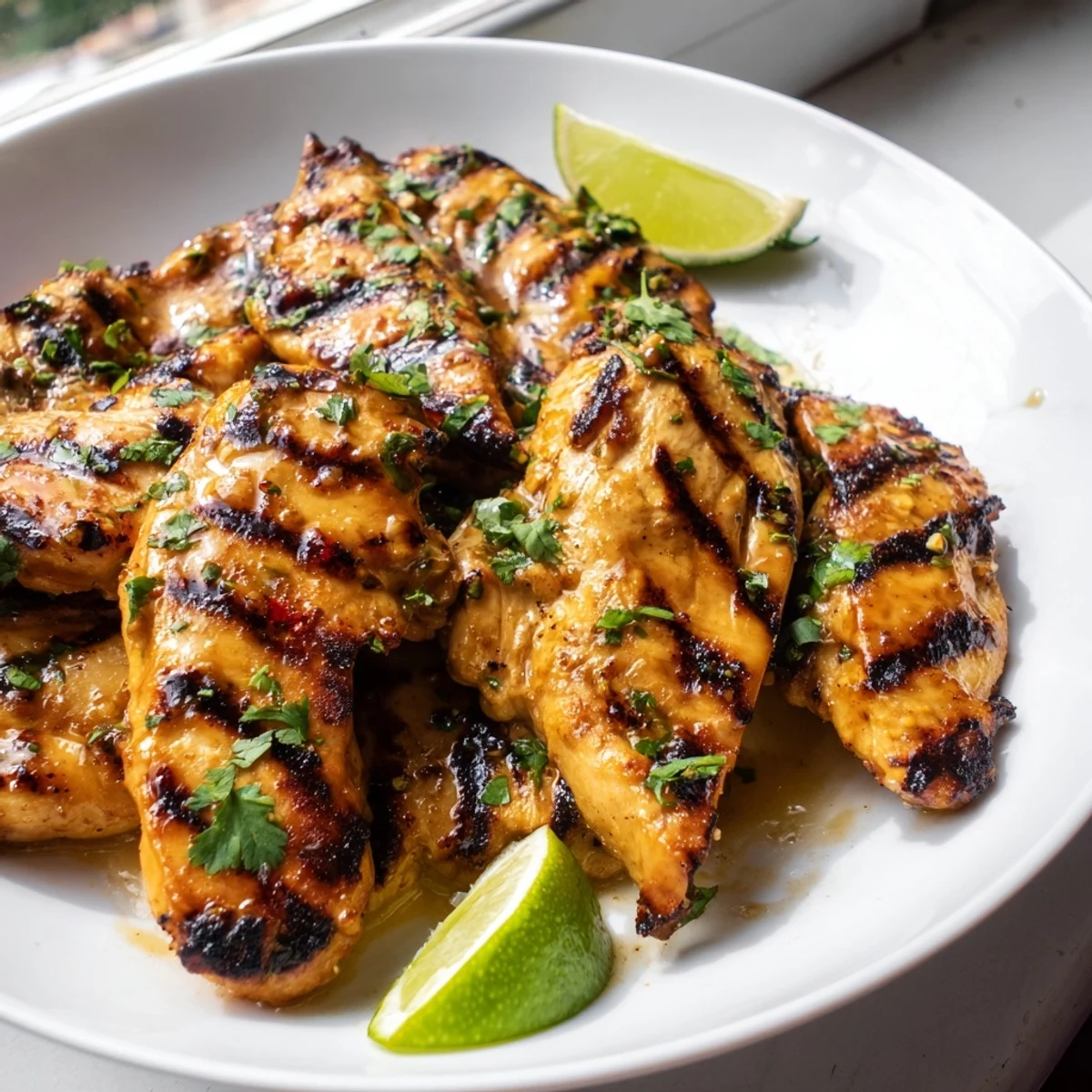 Juicy honey lime chicken breast sliced open revealing tender meat on a white plate