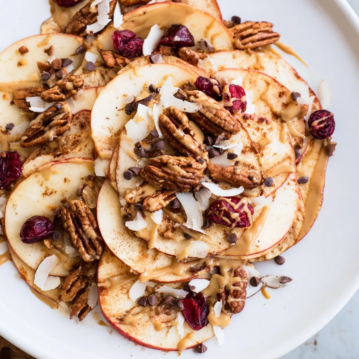 Crispy apple nachos with cinnamon tahini drizzle topped with coconut and chocolate chips