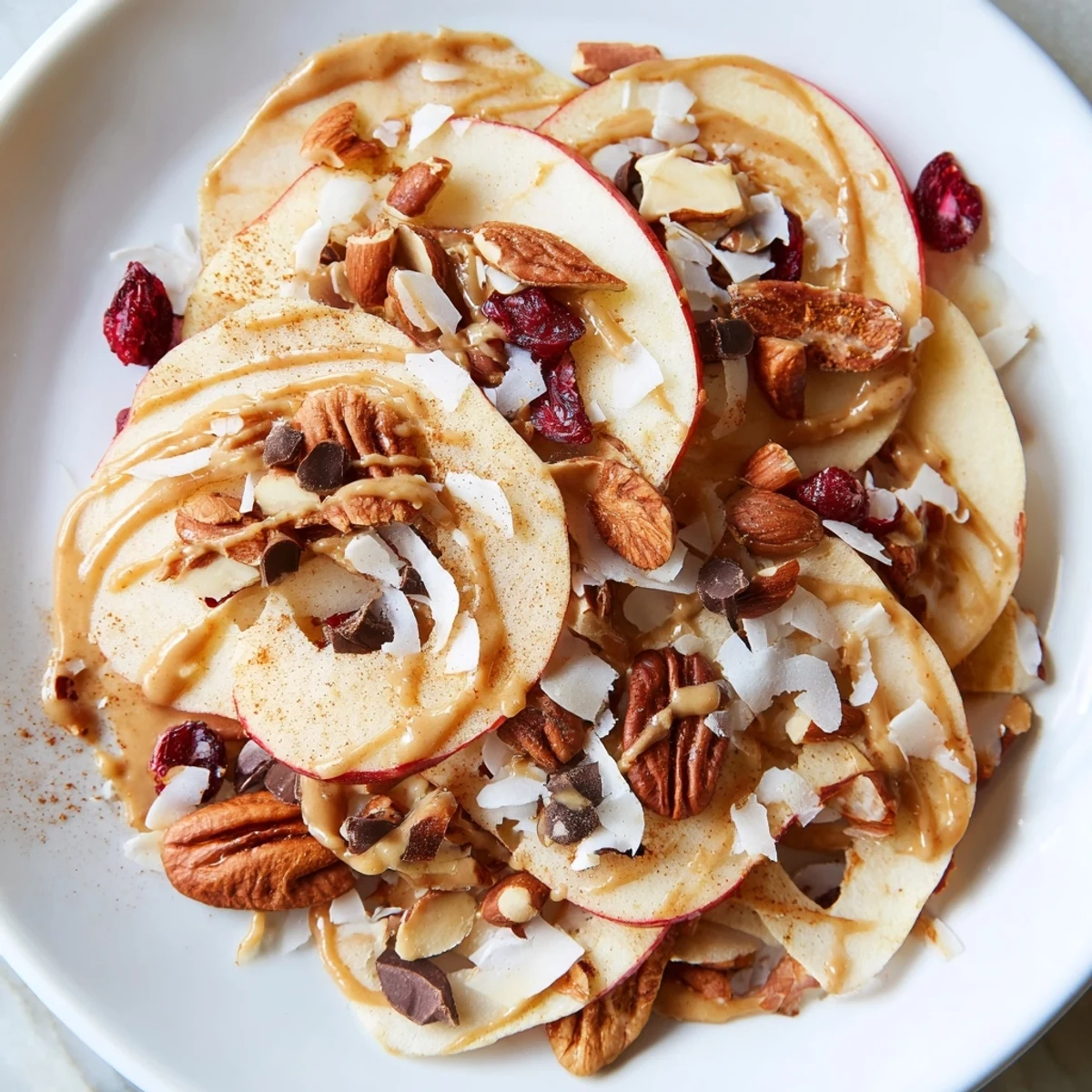 Golden crispy apple nachos drizzled with spiced tahini and sprinkled with dried cranberries