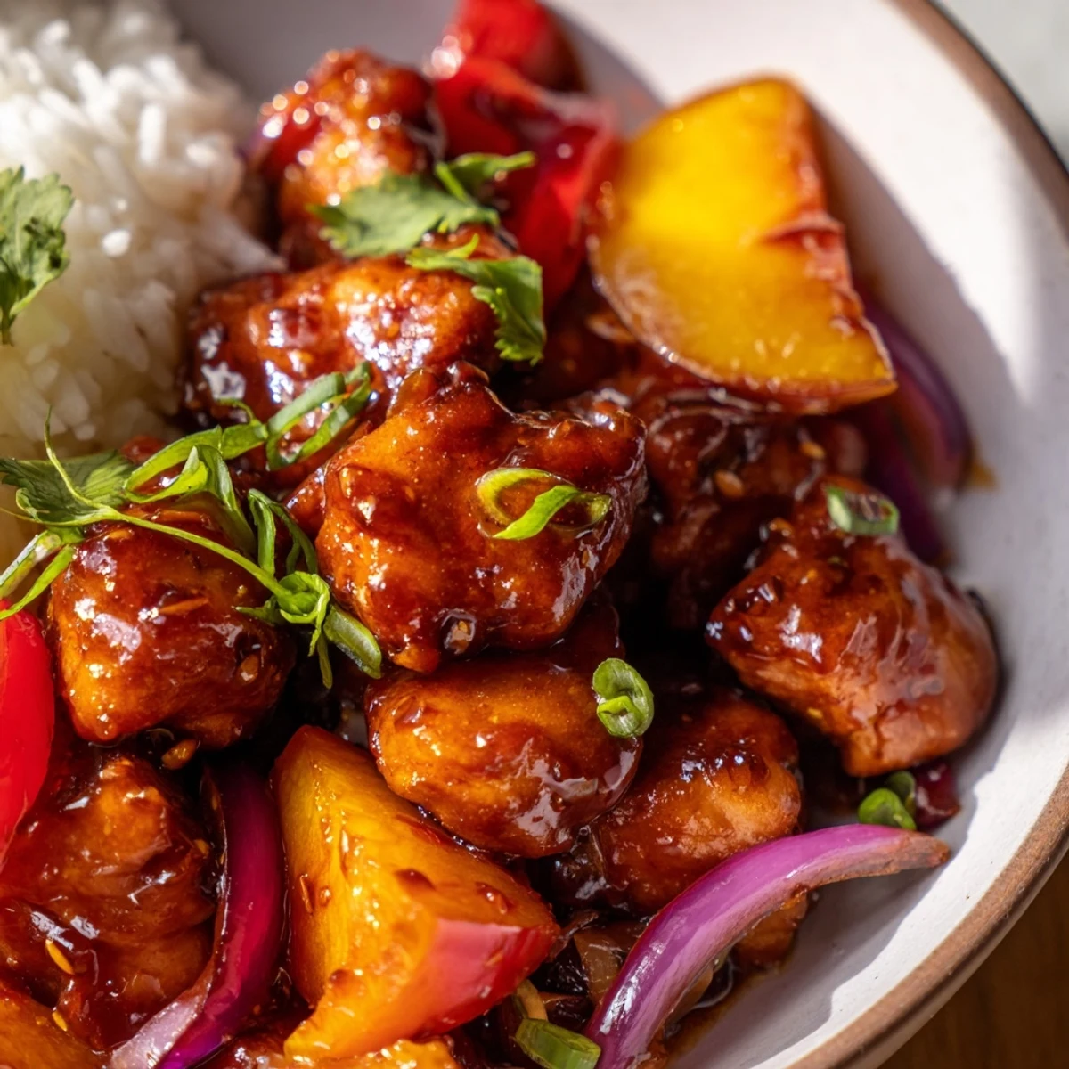 Golden Thai Peach Chicken glazed in sweet chili sauce with ripe peach slices