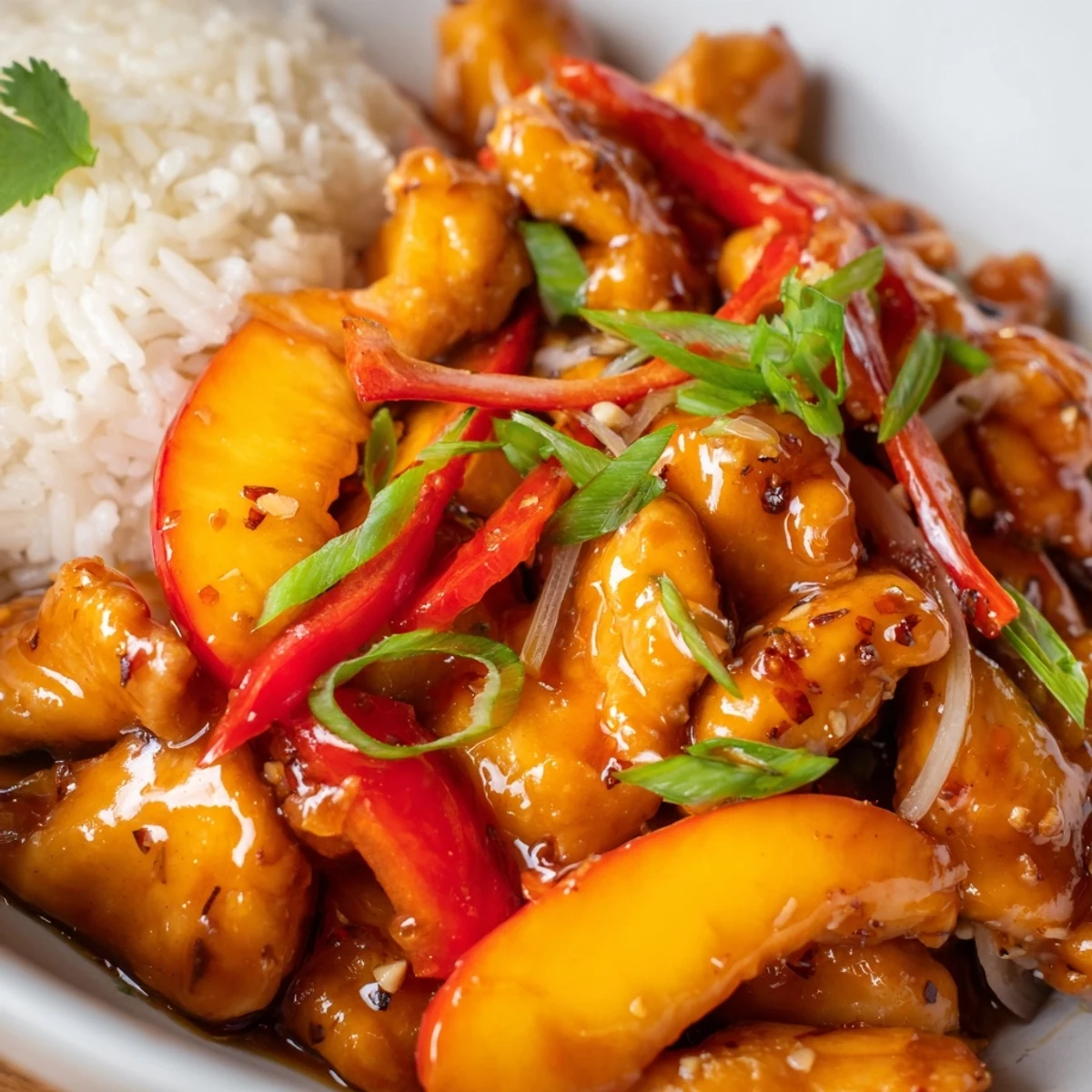Creamy Thai Peach Chicken garnished with fresh cilantro and spring onions in a savory skillet