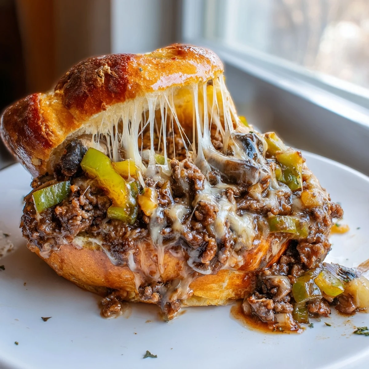 A toasted bun overflowing with Gordon Ramsay's cheesy Philly Sloppy Joes and sautéed peppers