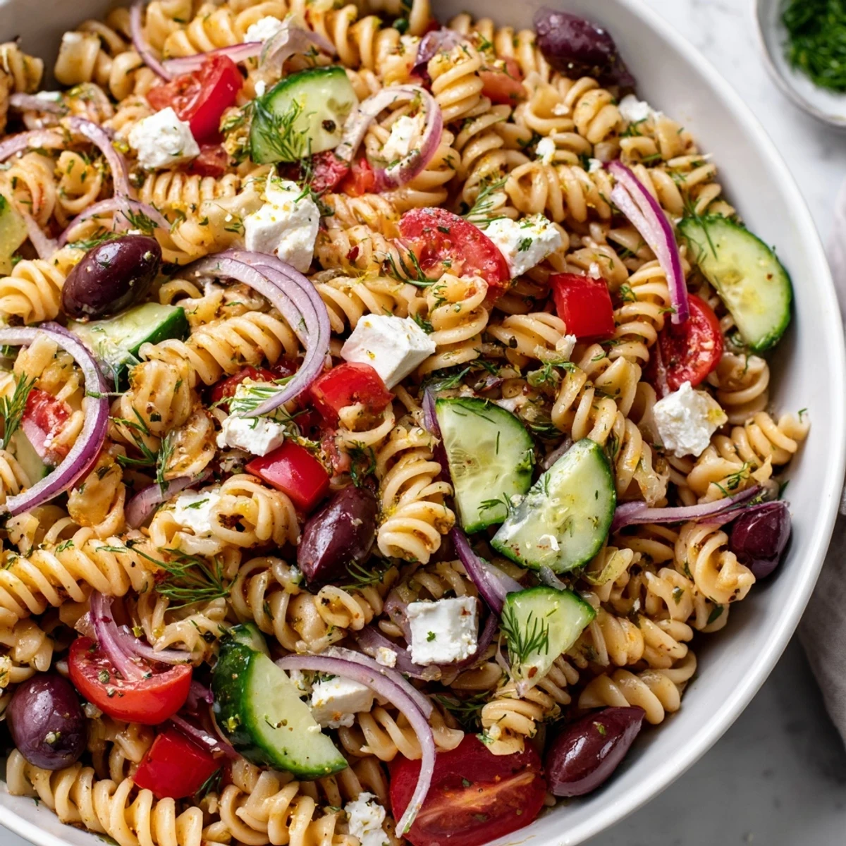 Colorful Greek pasta salad loaded with crunchy vegetables, feta, and olives in a sunny picnic setting