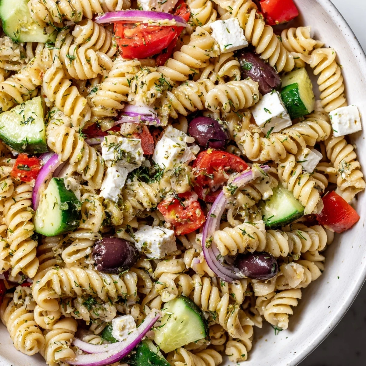 Creamy feta and ripe tomatoes glisten in this vibrant Greek pasta salad served chilled