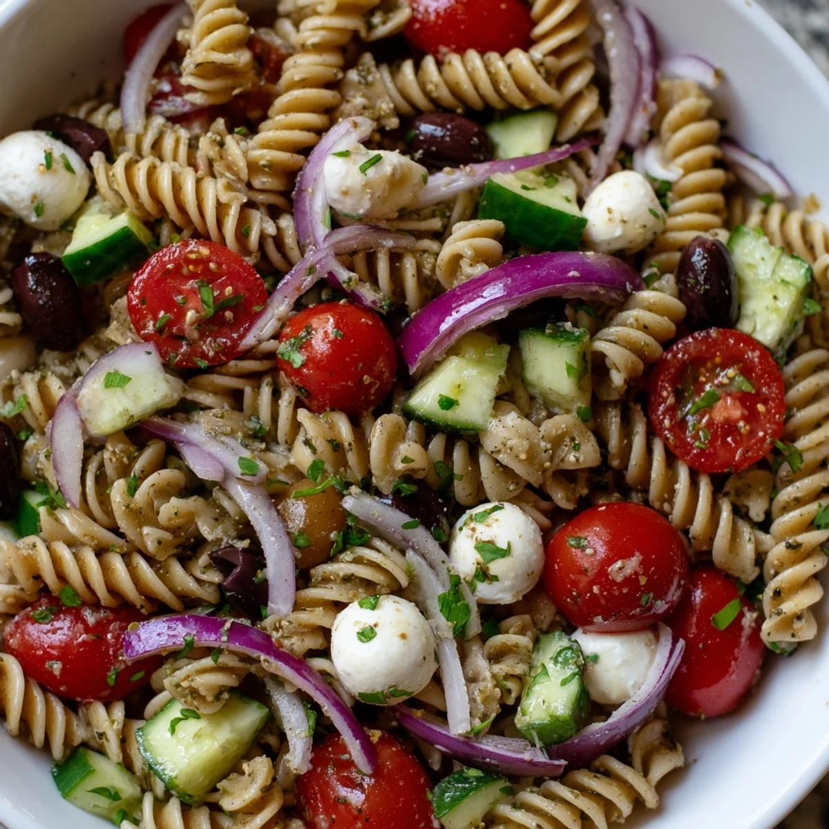 Colorful vegetarian Italian pasta salad tossed with fresh mozzarella, ripe tomatoes, and basil