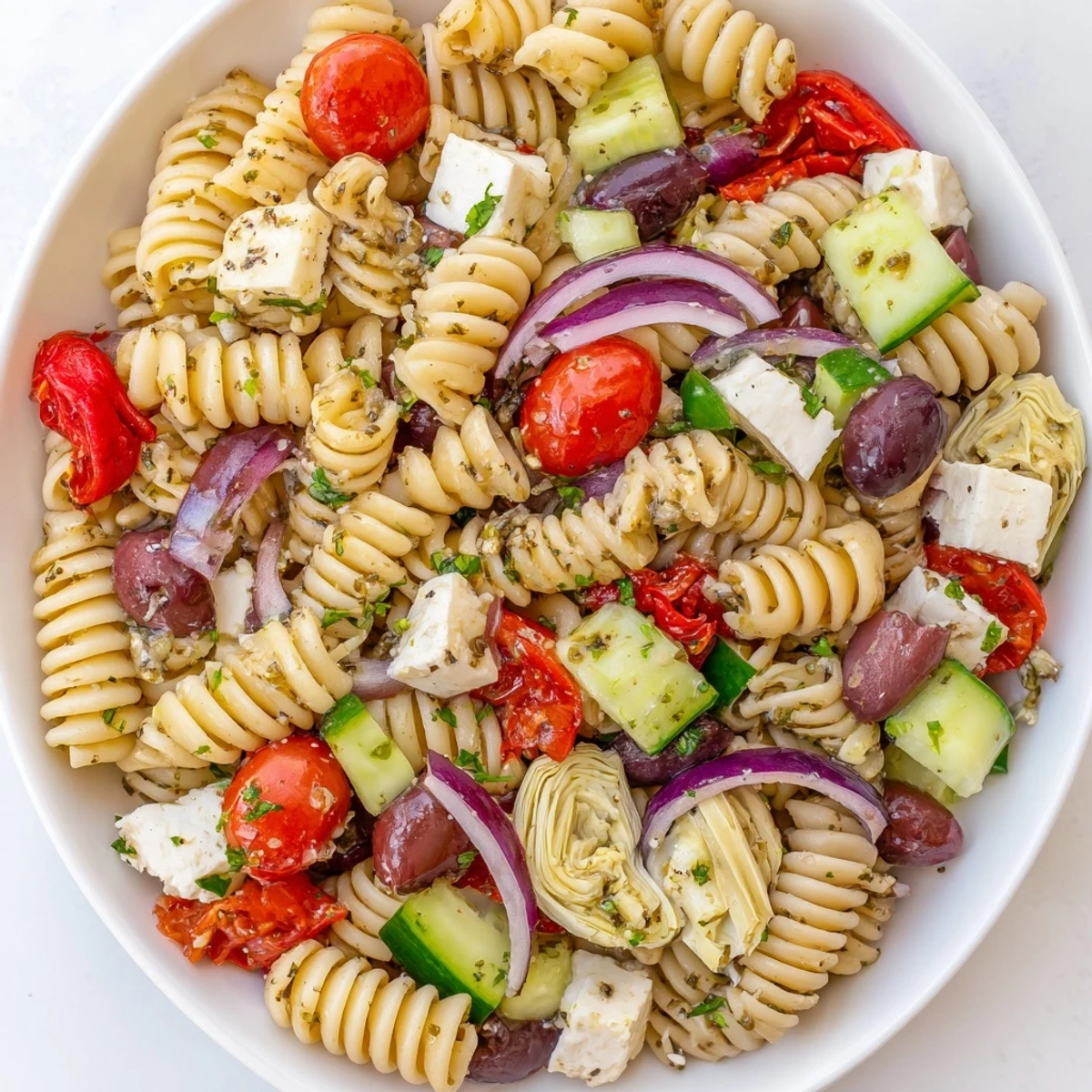 Vegetarian Italian pasta salad in a white bowl featuring olives, peppers, and zesty vinaigrette