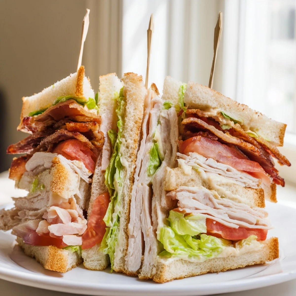 A triple-decker club sandwich stacked with turkey, bacon, lettuce, and tomato on toasted bread