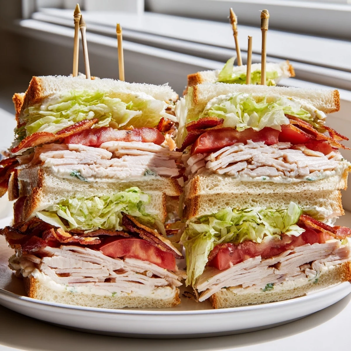 Crisp bacon and tender turkey layer this classic club sandwich cut into diagonal wedges