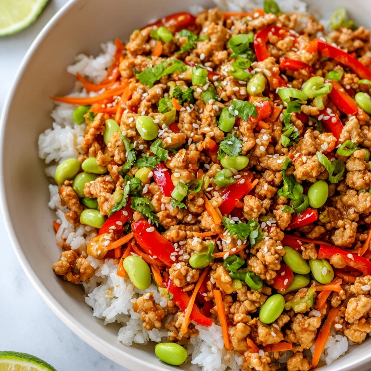 Hearty ground turkey rice bowls topped with sesame seeds, cilantro, and lime wedges