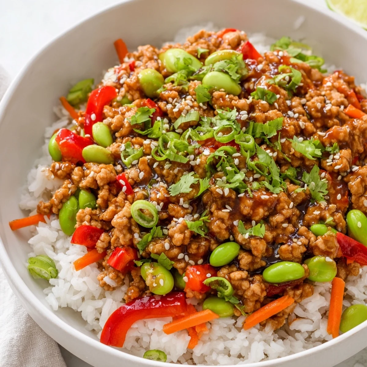 Colorful ground turkey rice bowls with tender vegetables in a savory soy glaze