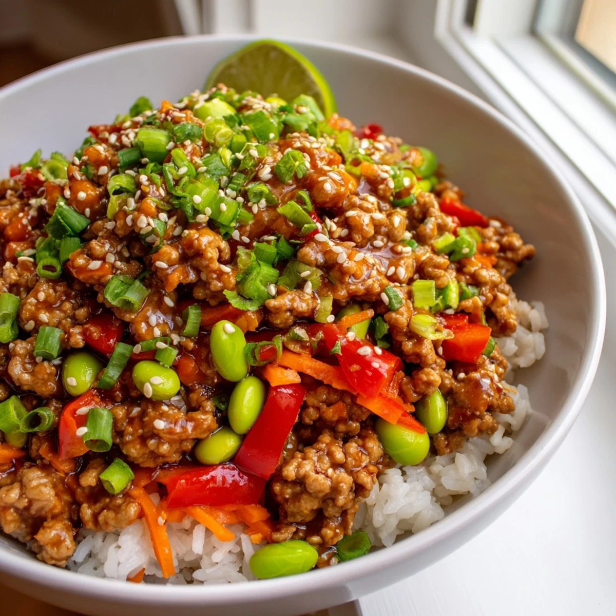 Steaming ground turkey rice bowls garnished with green onions and fresh chopped cilantro
