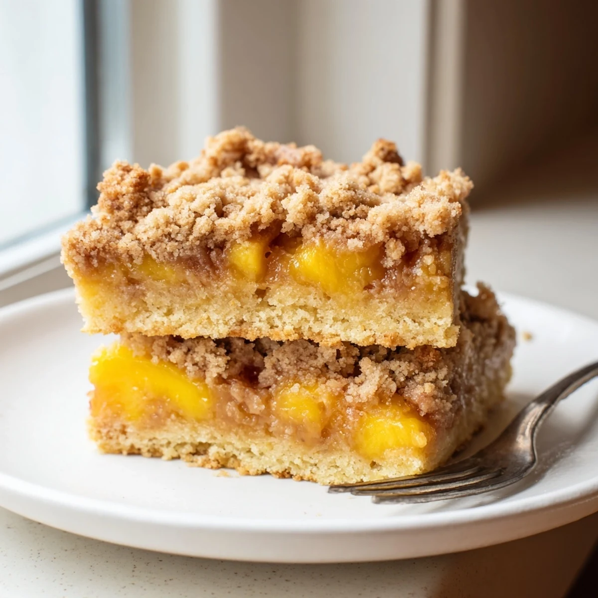 Golden sweet and buttery peach bars with cinnamon streusel cut into generous squares on a rustic baking sheet