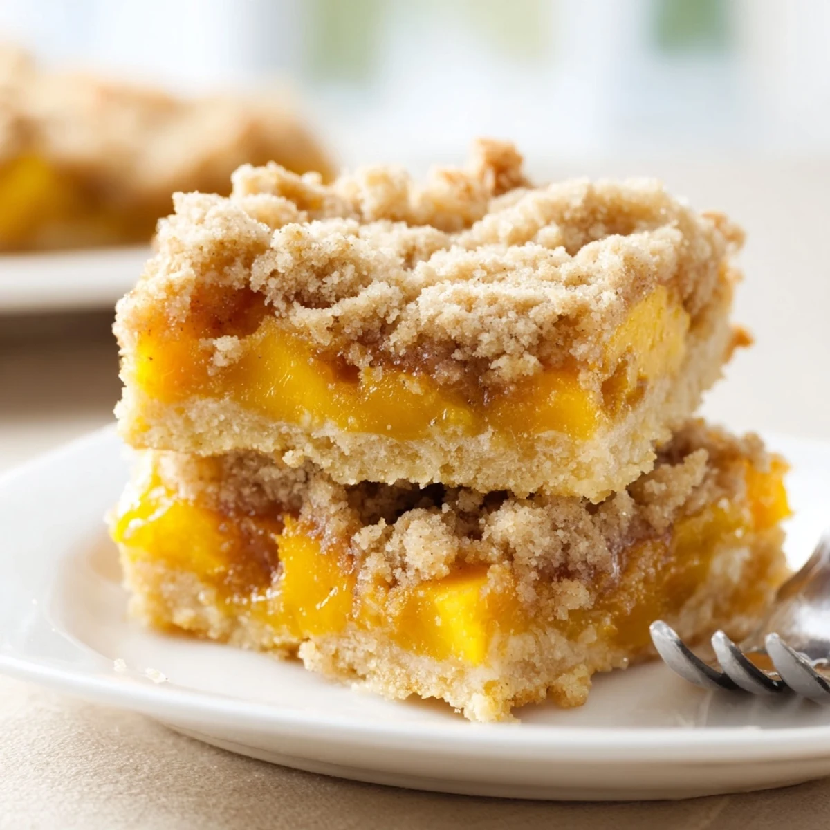 Juicy peach filling oozes beneath a crumbly cinnamon streusel on these sweet and buttery peach bars