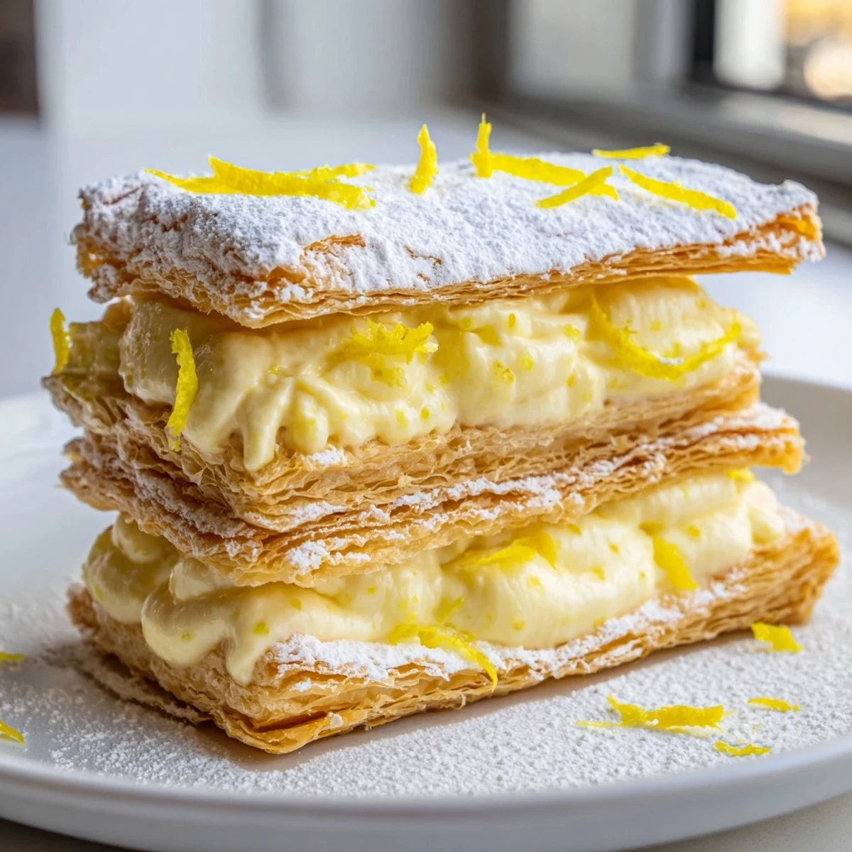 Crispy golden Lemon Ricotta Puff Pastry Mille Feuille dusted with powdered sugar on a white plate