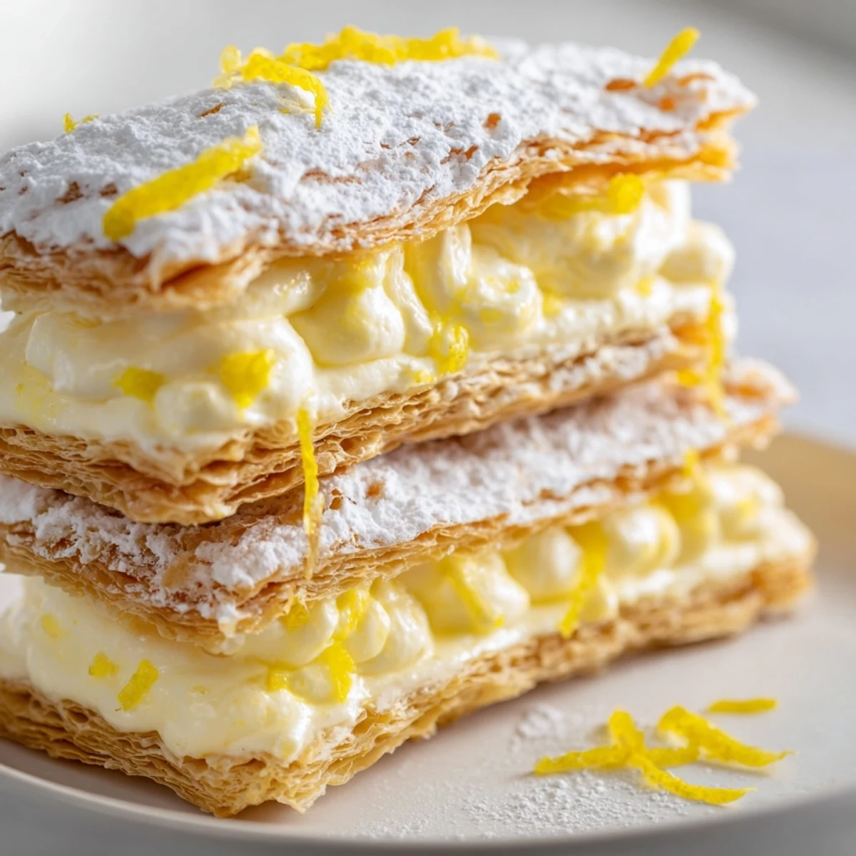 Layered Lemon Ricotta Puff Pastry Mille Feuille with creamy filling and bright lemon zest garnish