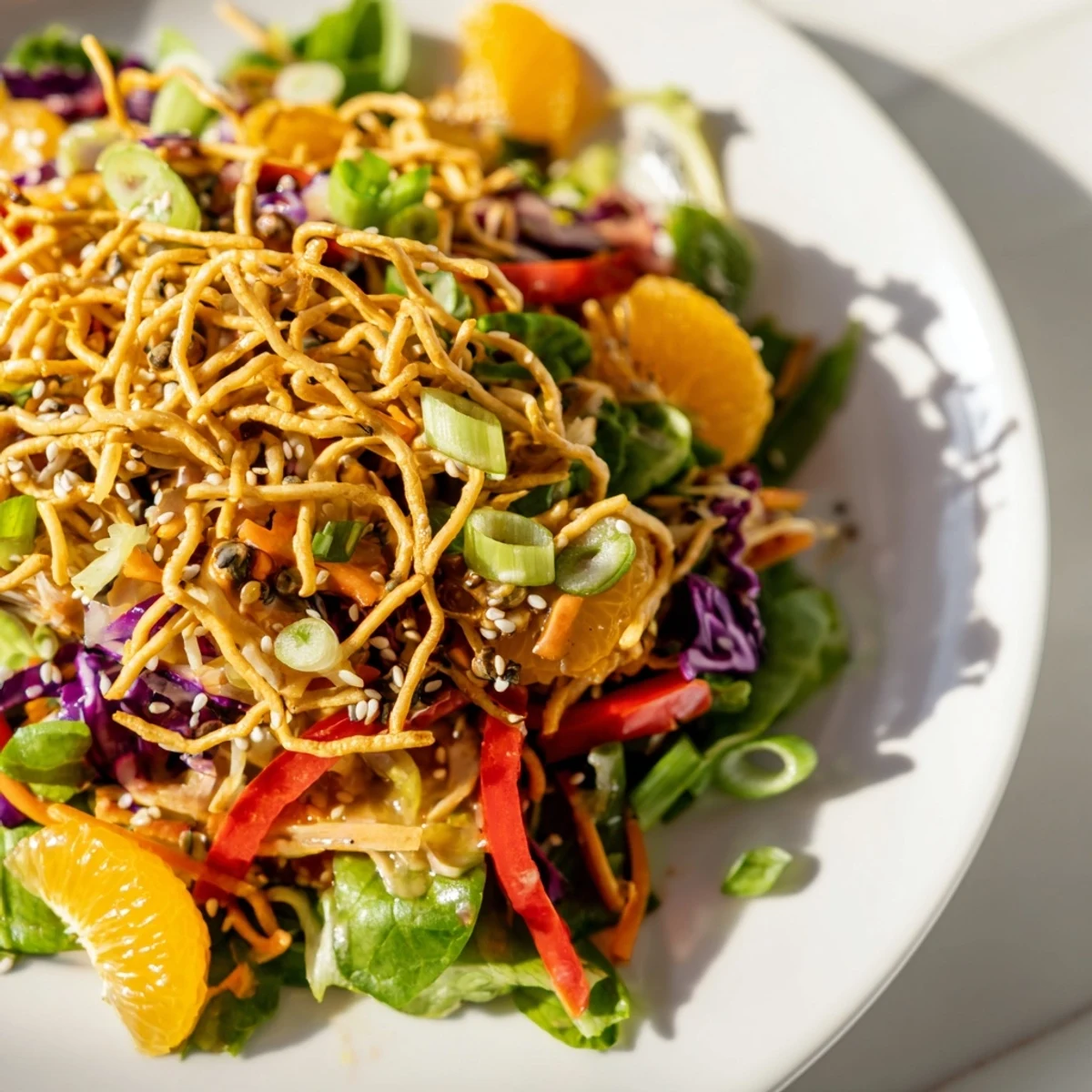 Crisp Mandarin Sesame Crunch Salad drizzled with tangy sesame dressing in a wooden bowl