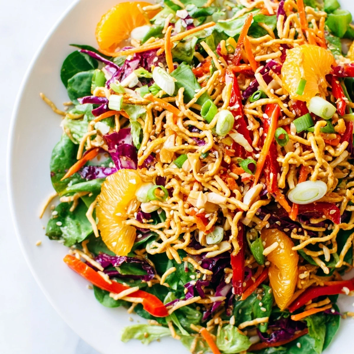 Golden sesame-crusted noodles crown this vibrant Mandarin Sesame Crunch Salad on a platter