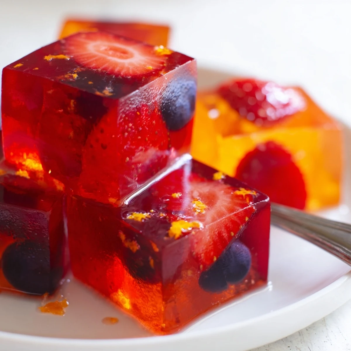 Colorful collagen fruit jellies glistening in silicone molds with fresh berry garnish on top