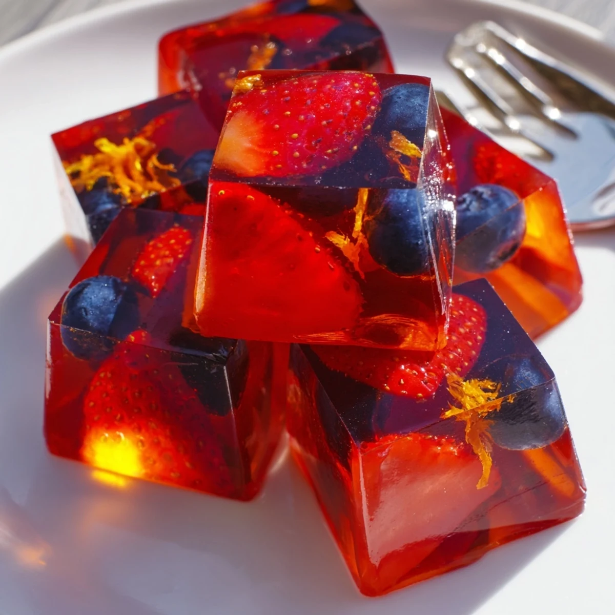 Translucent collagen fruit jellies in vibrant orange and berry hues dusted with citrus zest