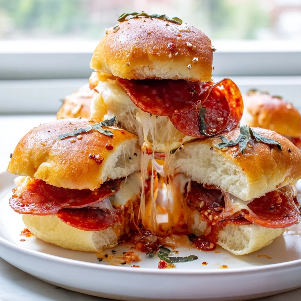 Pepperoni pizza sliders glistening with sweet-hot honey glaze fresh from the oven