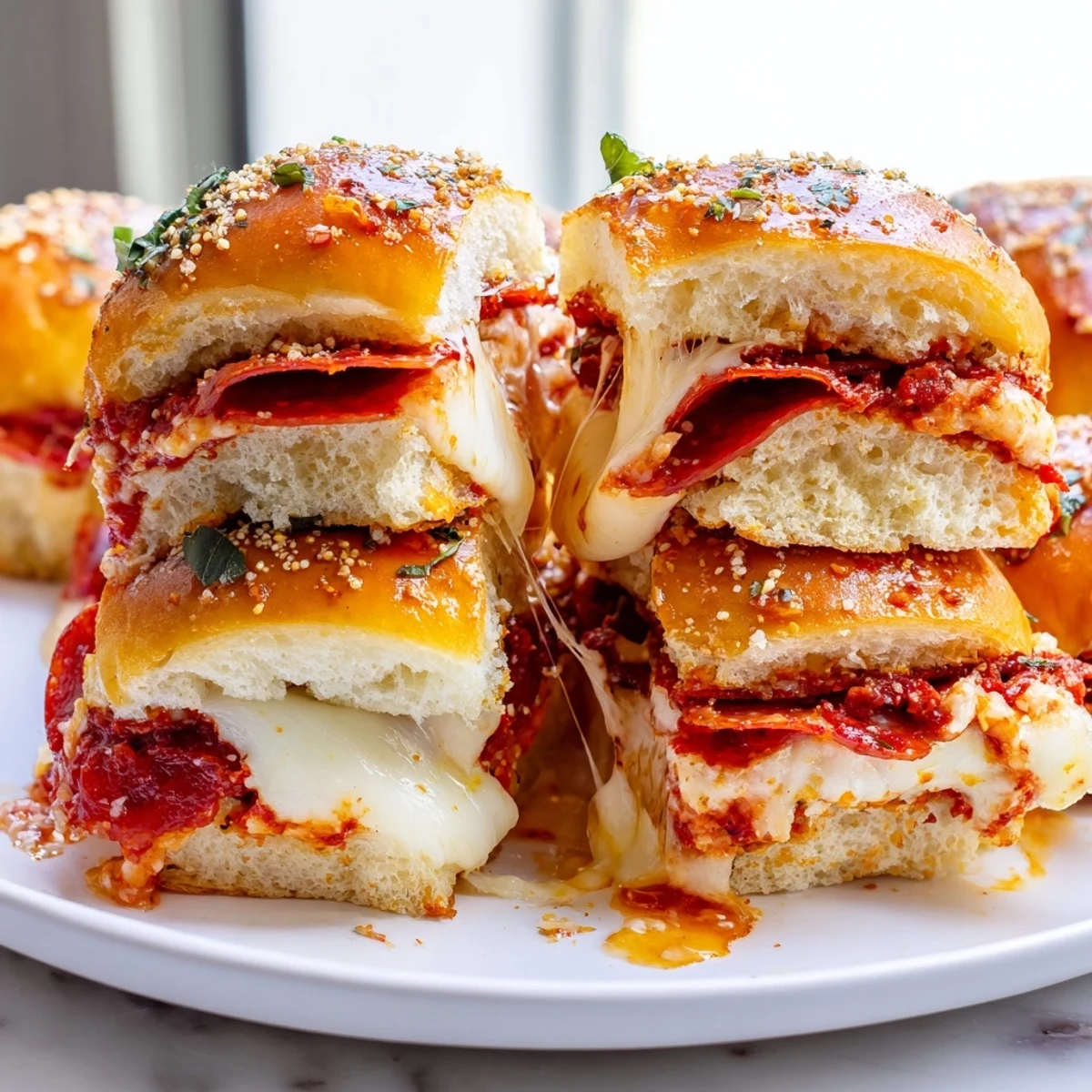 Golden hot honey pepperoni pizza sliders with bubbling mozzarella on soft Hawaiian rolls