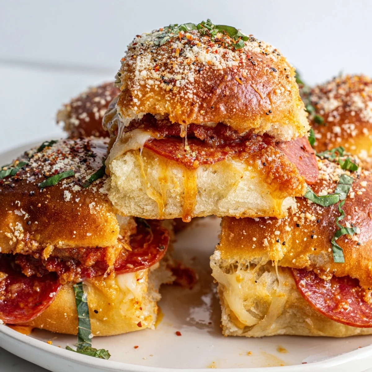 Crispy-topped hot honey pepperoni pizza sliders oozing melted cheese on toasted buns