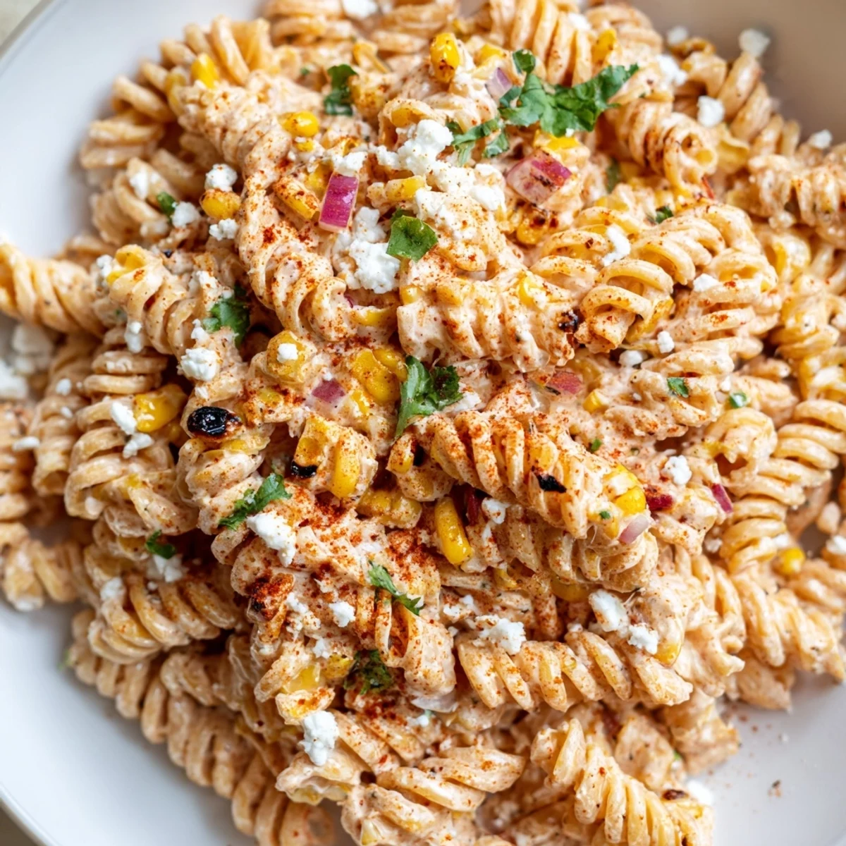 Creamy Elote Street Corn Pasta Salad topped with crumbled Cotija cheese and fresh cilantro