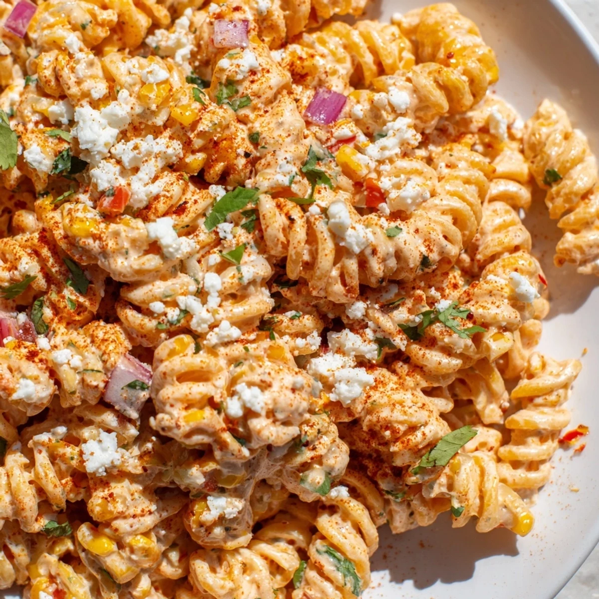 Colorful Elote Street Corn Pasta Salad served in a bowl with lime wedges and Tajín garnish