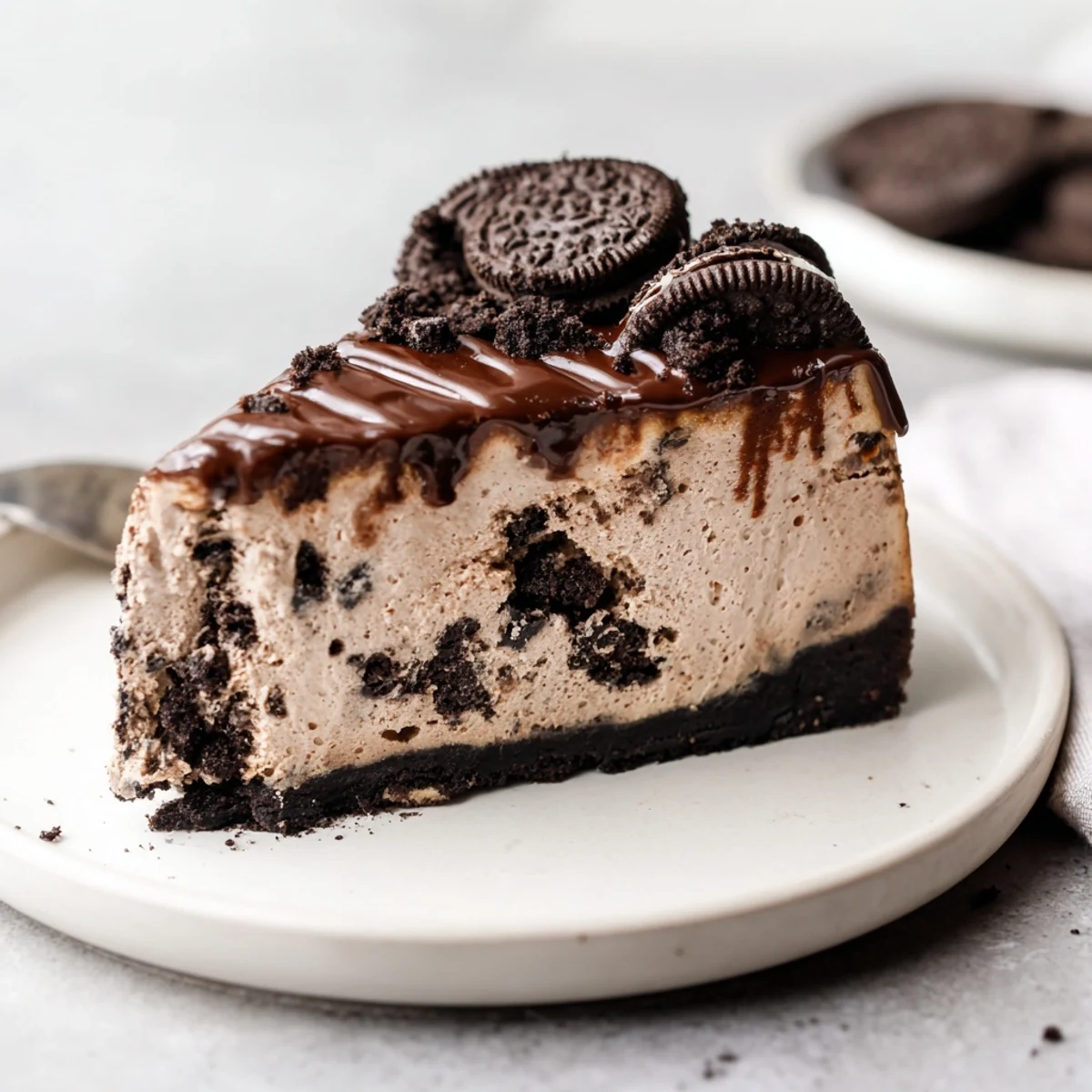 A rich Oreo chocolate cheesecake slice featuring a dark cocoa filling and whipped ganache topping.