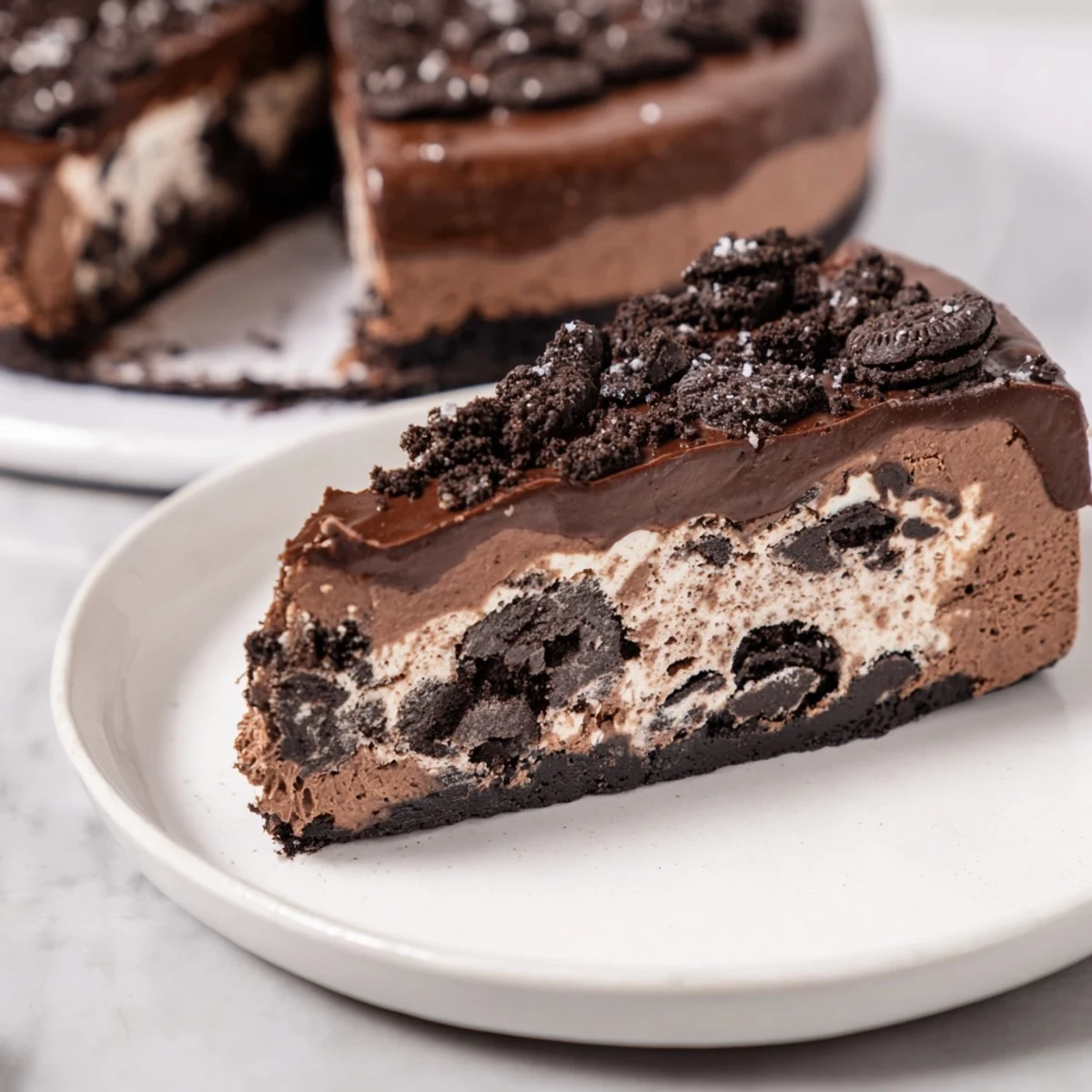 Creamy chocolate cheesecake topped with glossy ganache and decorated with Oreo cookie halves.