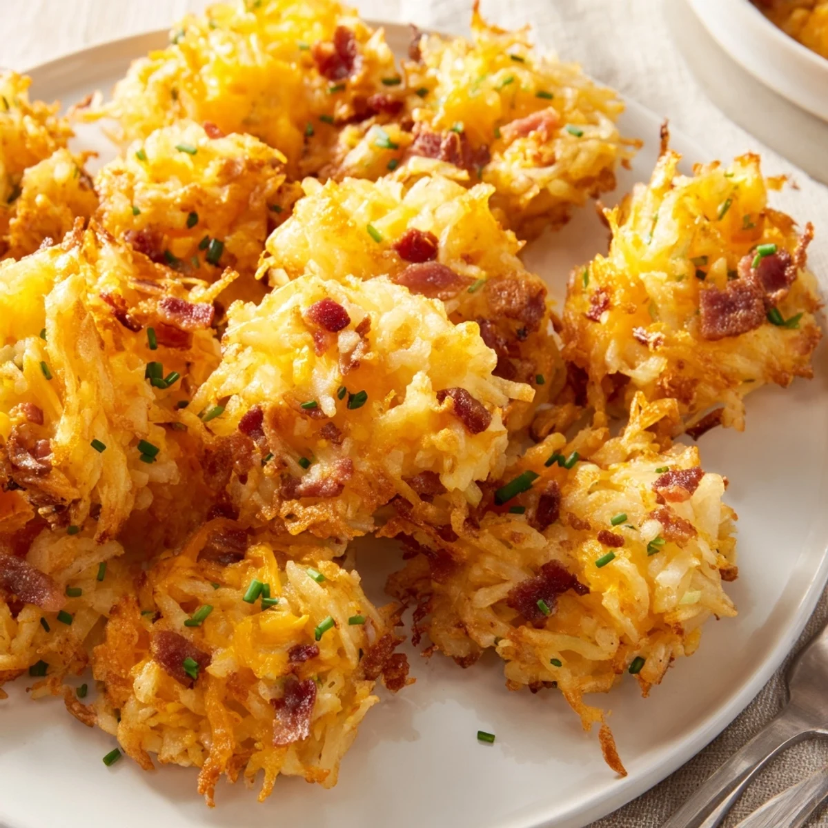 Golden brown cheesy loaded hashbrown bites garnished with green onions and crispy bacon bits on a white serving plate  