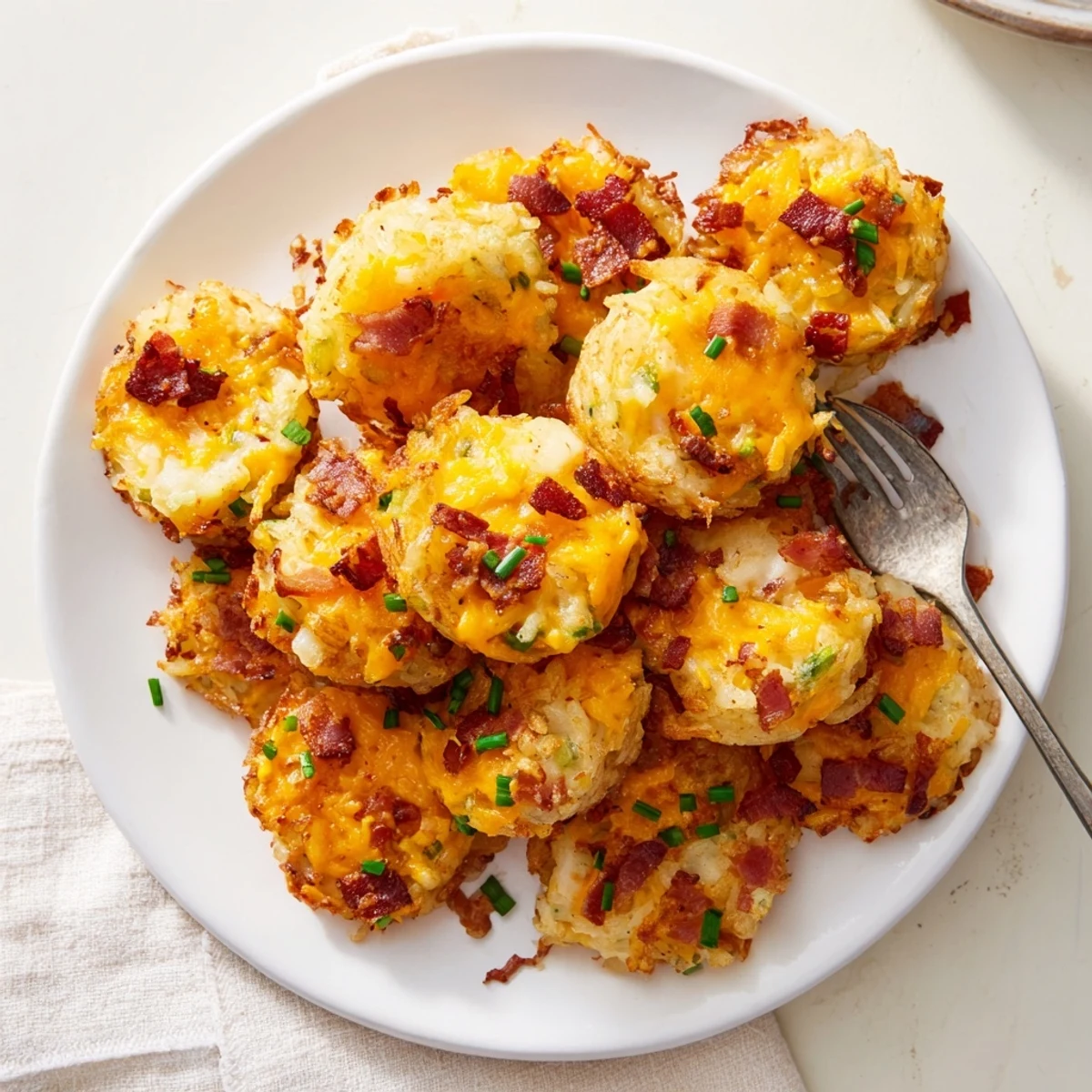 Mini muffin tin full of warm hashbrown appetizers with gooey cheese and bacon crumbles ready for party snacking